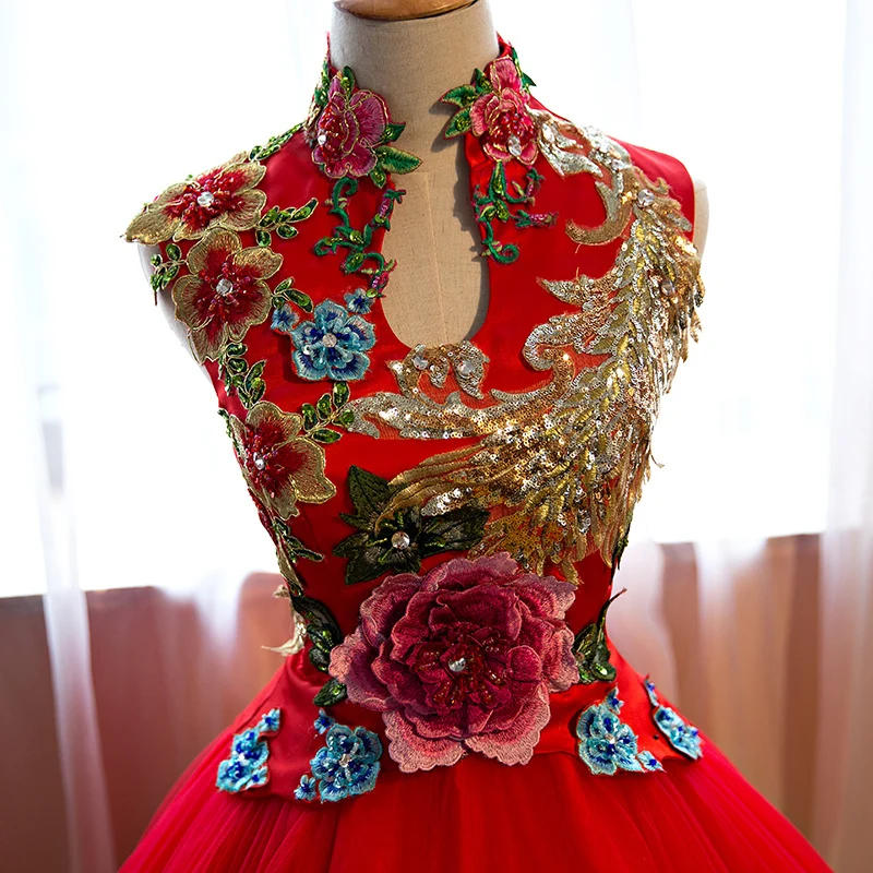 Красное свадебное платье Qipao для невесты длинное вечернее женское с вышивкой