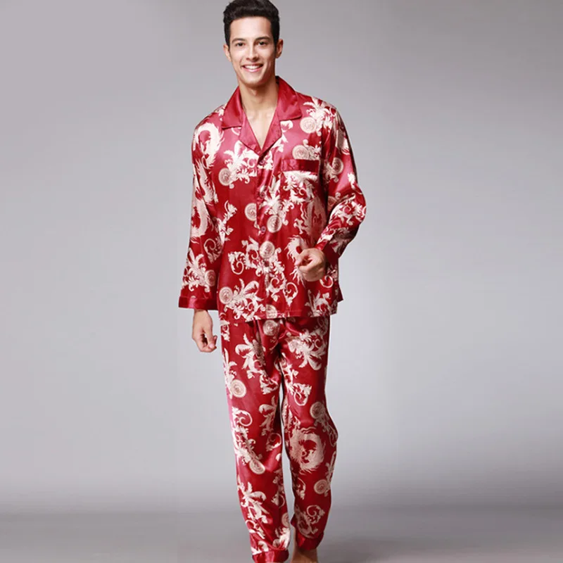 Пижамный комплект для пар шелковая атласная одежда сна с красными Пейсли