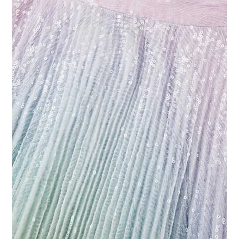 SE Women TUTU High Waist Skirt Mesh Midi Pleated Gauze Sequin Elegant Skirt Female Casual Fashion Gradient Rainbow Skirt