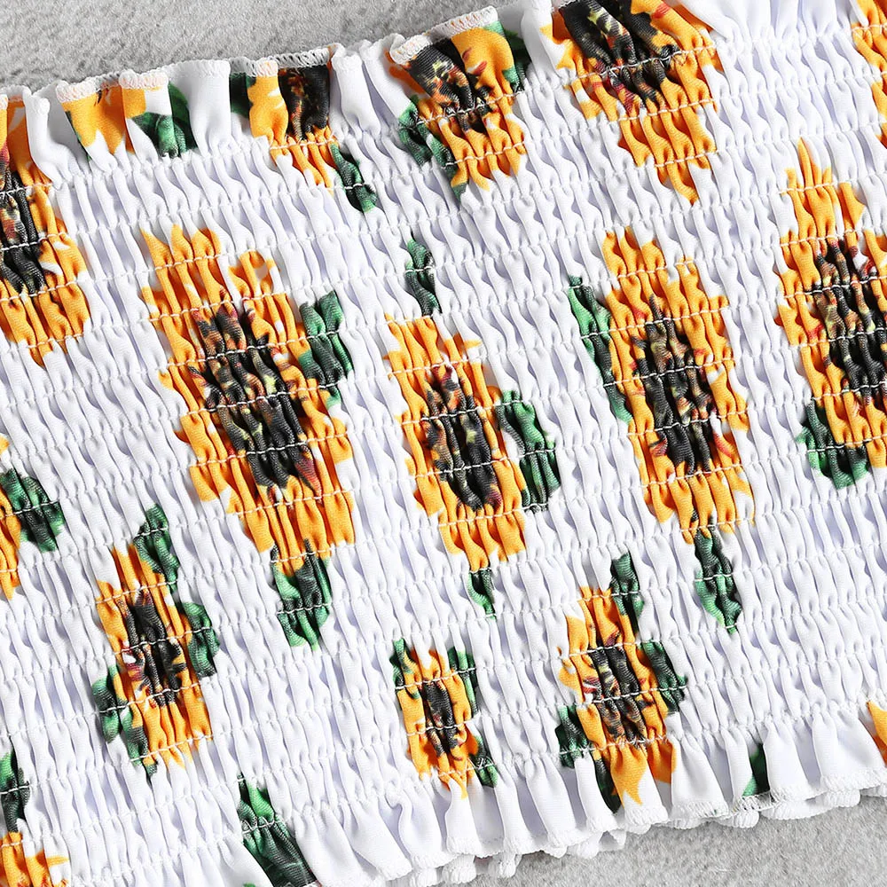 ZAFUL Бандо Подсолнух Копченый Стринги Shirred Женщины Набор Летний Пляж Две Части Наборы Новая Мода Женский Костюм Одежда