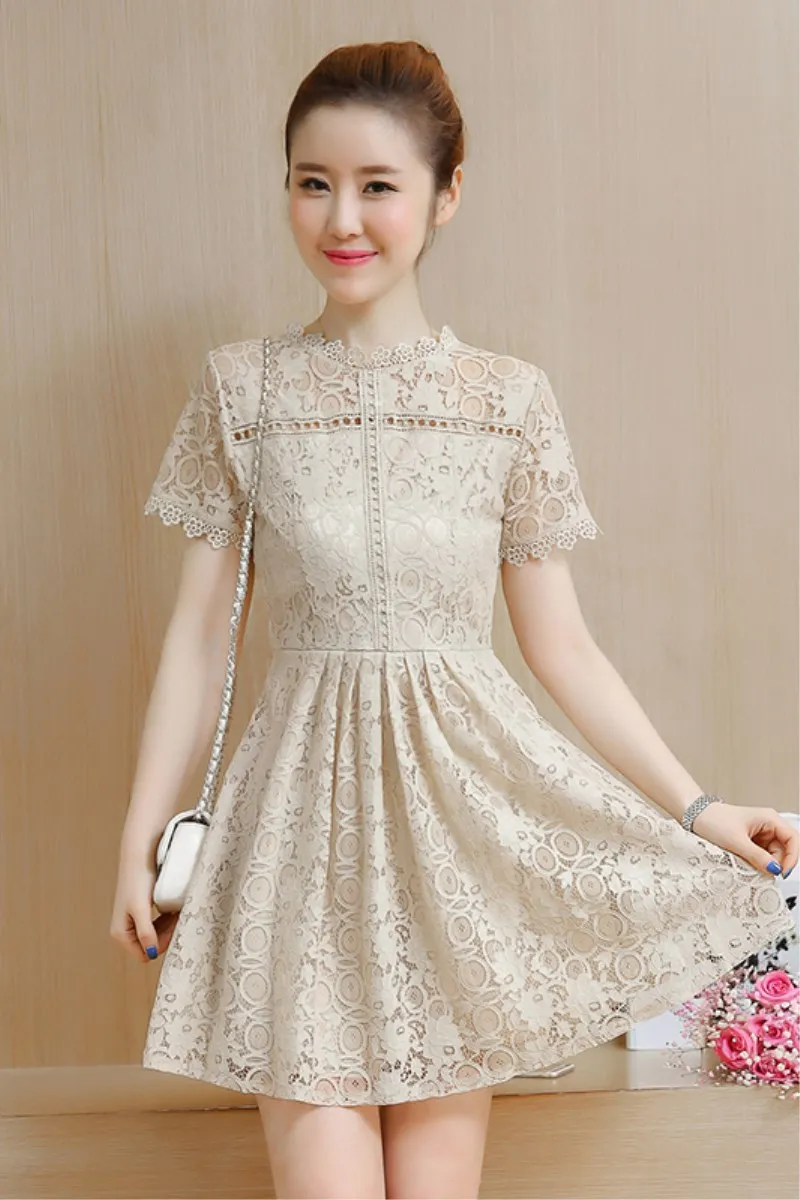 Летнее кружевное платье для девочек-подростков бежевого цвета Цветочная детская