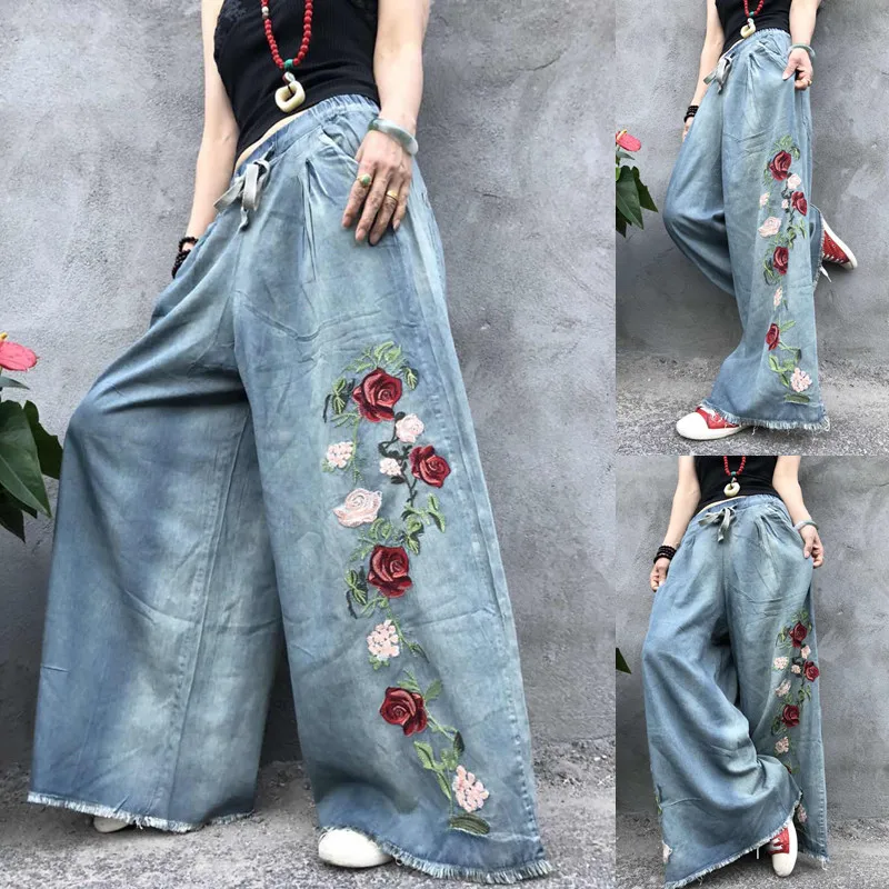 Женские джинсы с цветочной вышивкой длинные брюки из денима широкими штанинами и