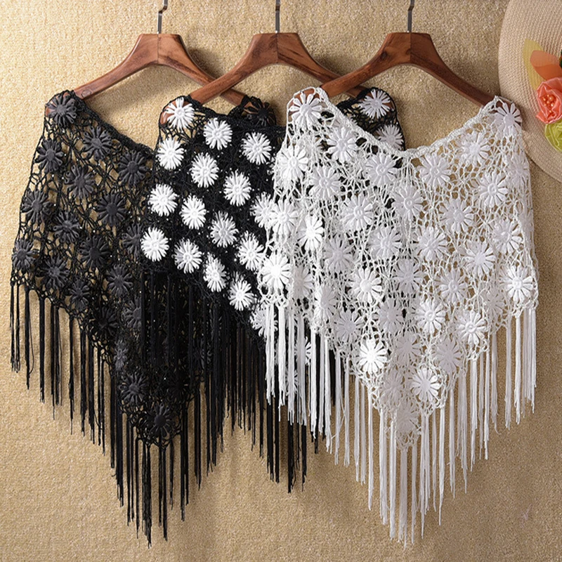Cover Ups Lace Hook Flower Hollow Out Shawl Capelet Crochet Tassel Shawl Poncho Sun Protection Pashmina Cover-ups