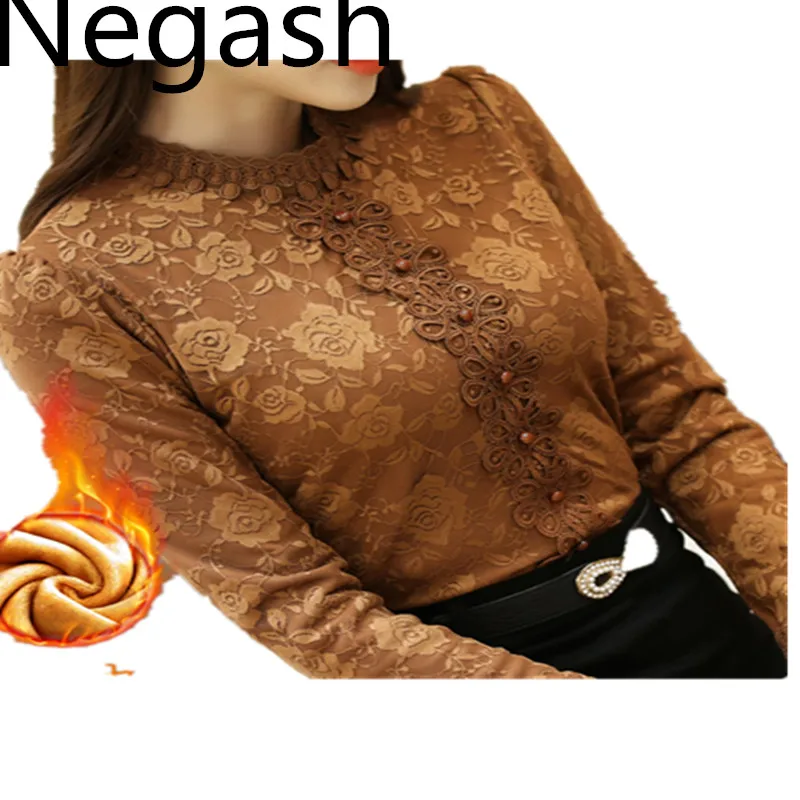 Бренд Negash хлопковые зимние теплые шерстяные женские блузки элегантная кружевная