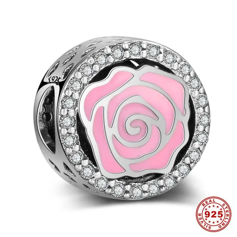 Pink Rose DALARAN розовые цветы серии DIY талисманы 925 пробы серебряный бисер очарование подходят Pandora Браслеты для женщин ювелирных изделий - Цвет камня: Pink Rose