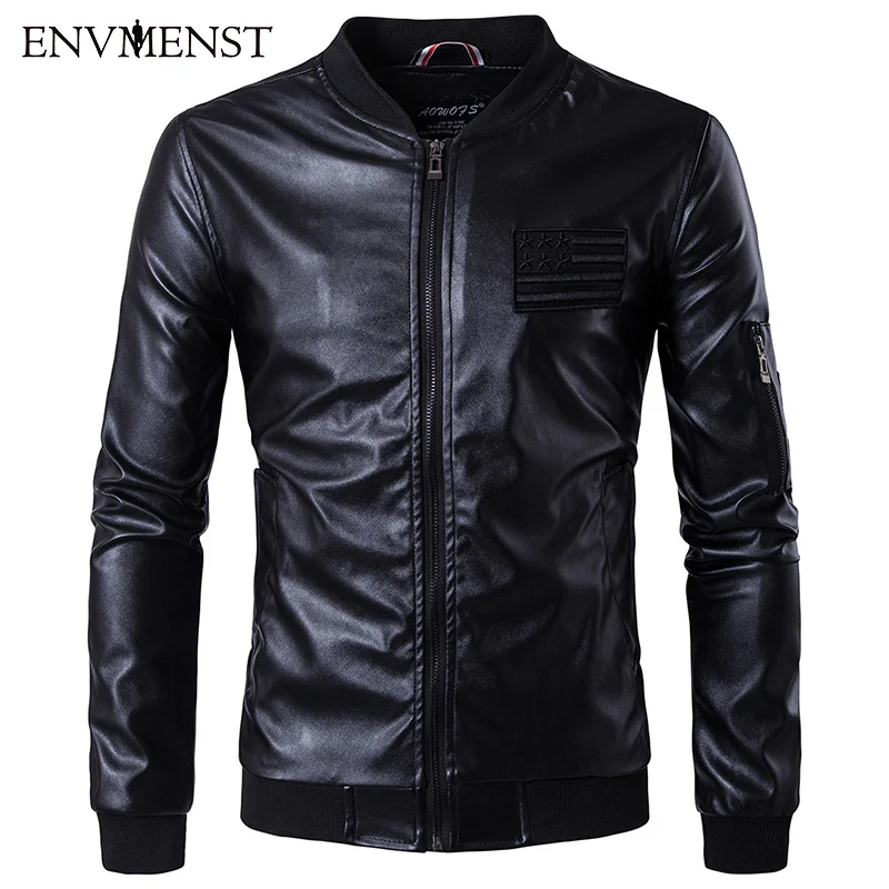Мужская кожаная куртка черная облегающая из искусственной кожи с воротником