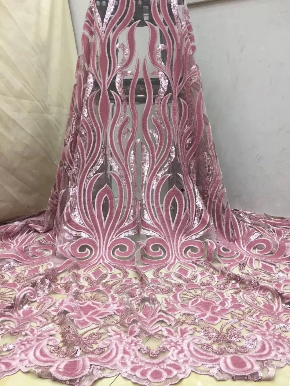Розовая африканская французская бархатная кружевная ткань 2019