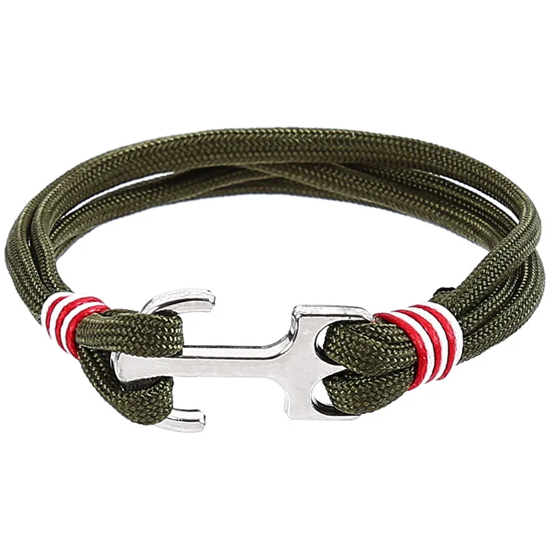 ArmyGreen Популярный темно-синий стиль браслет с якорем для мужчин Homme серебряный сплав простой крючок многослойная плетеная веревка мужские ювелирные браслеты для женщин - Окраска металла: ArmyGreen