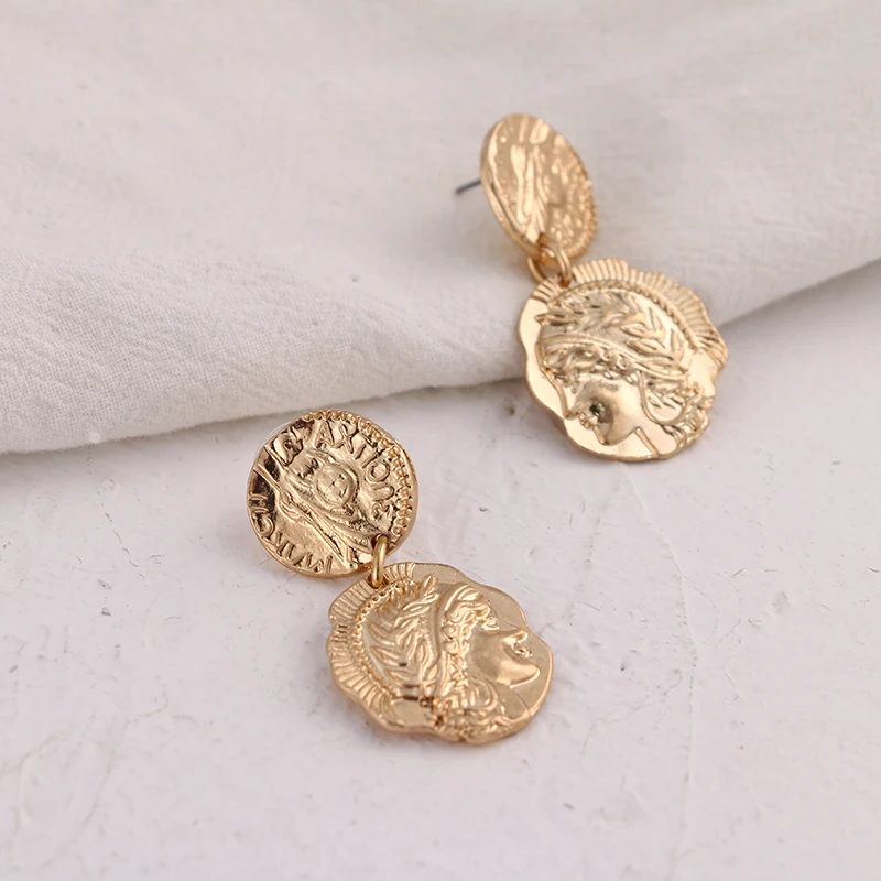 YMYW Zinc Alloy Geometric Gold Portrait Baroque Earrings Trendy Antique Personalized Double Layers Stylish Oorbellen Female Gift | Украшения