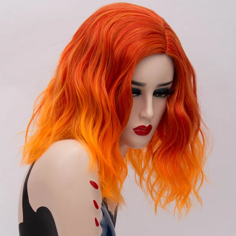 Yiyaobess 16inch Short Orange Ombre Wig Synthetic Wavy Hair Colorful Rainbow Cosplay Wigs For Women High Temperature Fiber