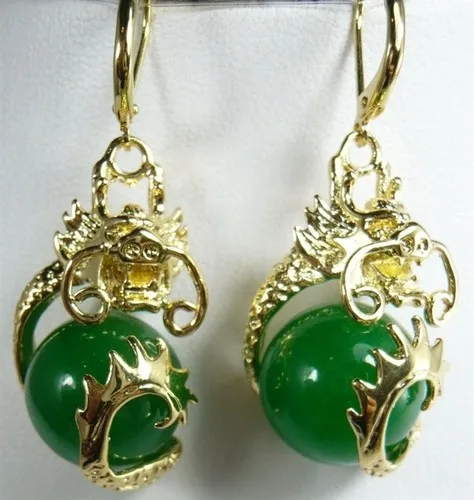 

Fancy 12mm green jade dragon fine gem earrings