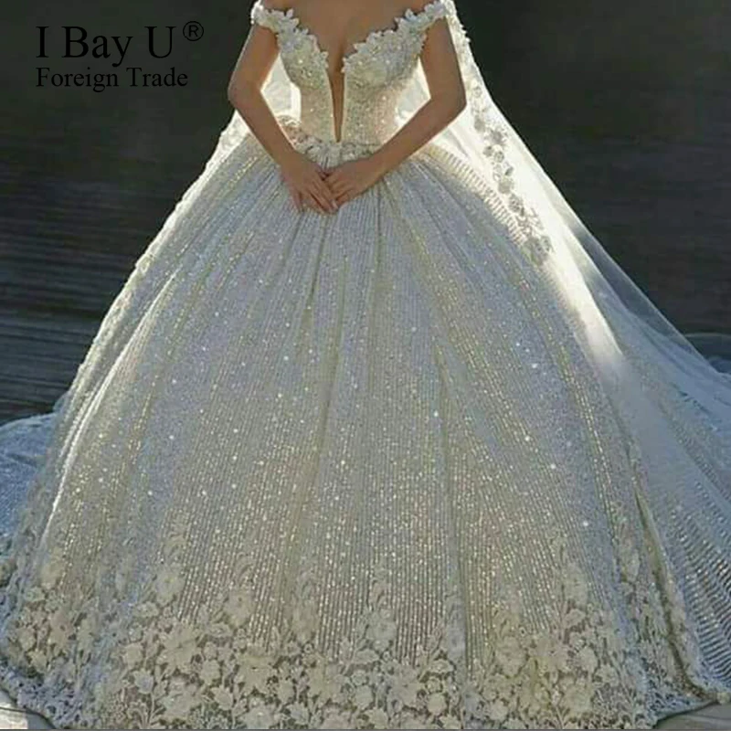 Luxury Sequins Lace Wedding Dresses 2021 3D Flower Ivory Shiny Beading Ball Gown Bridal Gowns Dress Dubai Vestidos De Novia | Свадьбы и