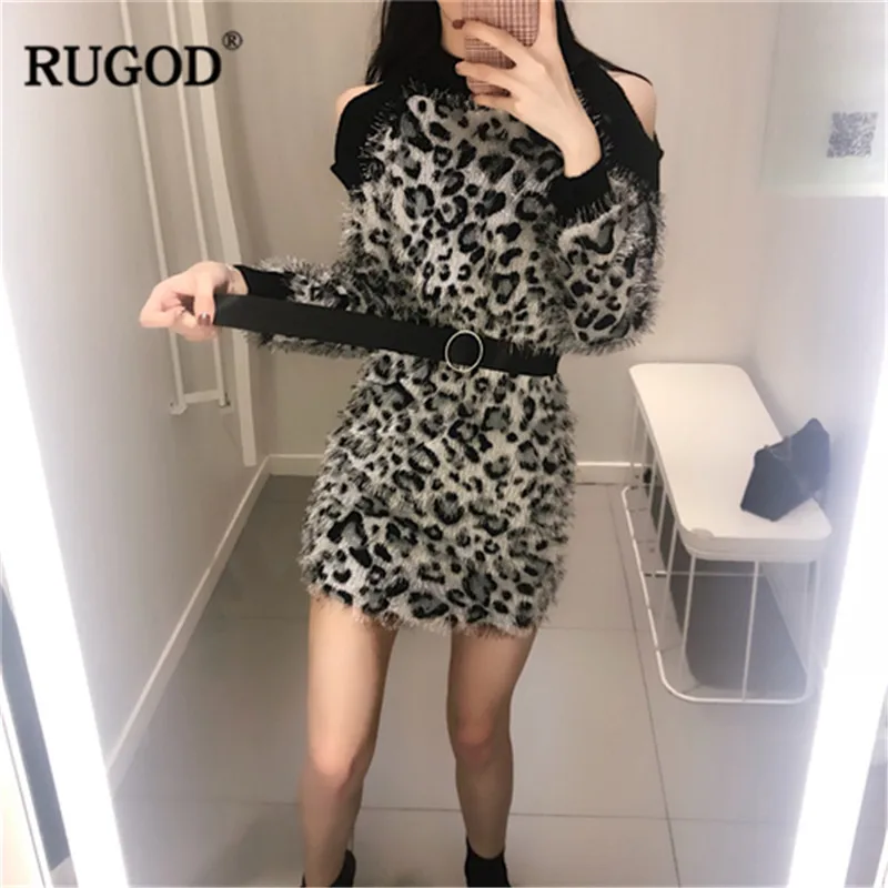 RUGOD Fashion Vintage Leopard Women Dress O-Neck Tassel Mini Korean Style Straight Winter dresses woman party night | Женская одежда