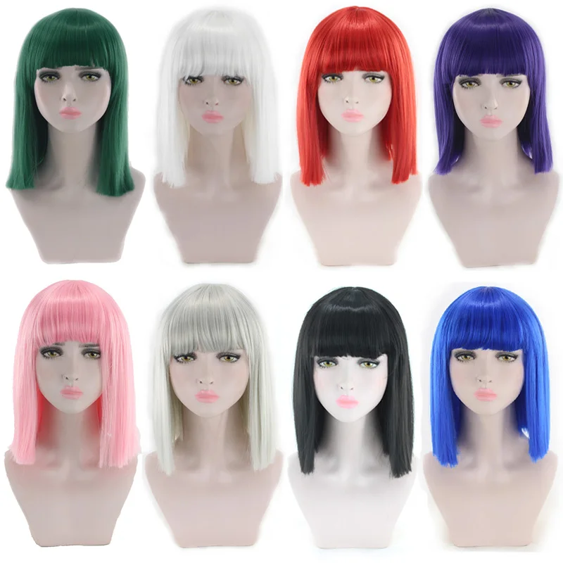 WoodFestival Synthetic Hair Short Straight Bob Wig With Bangs Cosplay Wigs For Women Pink Red Brown Blue Green White Purple Grey