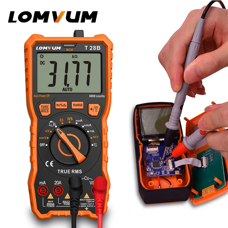 LOMVUM TRMS Digital Multimeter True RMS Auto/Manual Range 6000 Count Multimeter Tester 2 Probes Voltage DC/AC Analog Bar Backlit