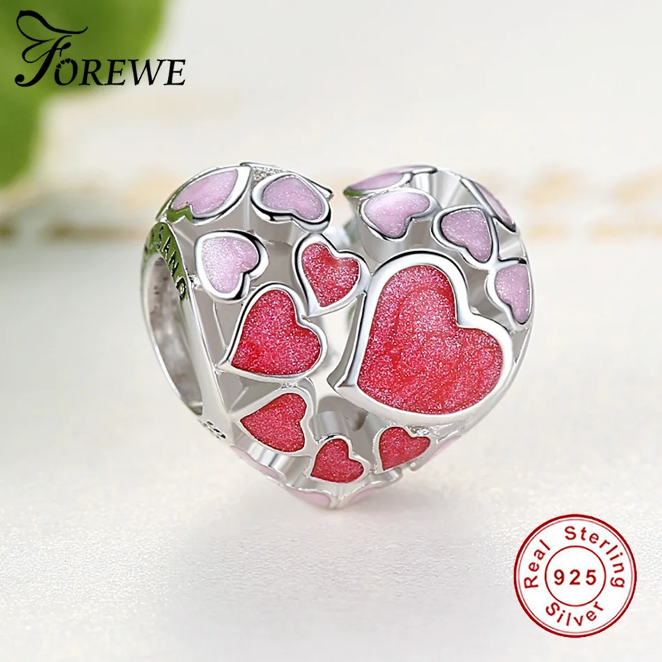 FOREWE 925 пробы серебряные красные розовые эмалированные бусины в форме сердца