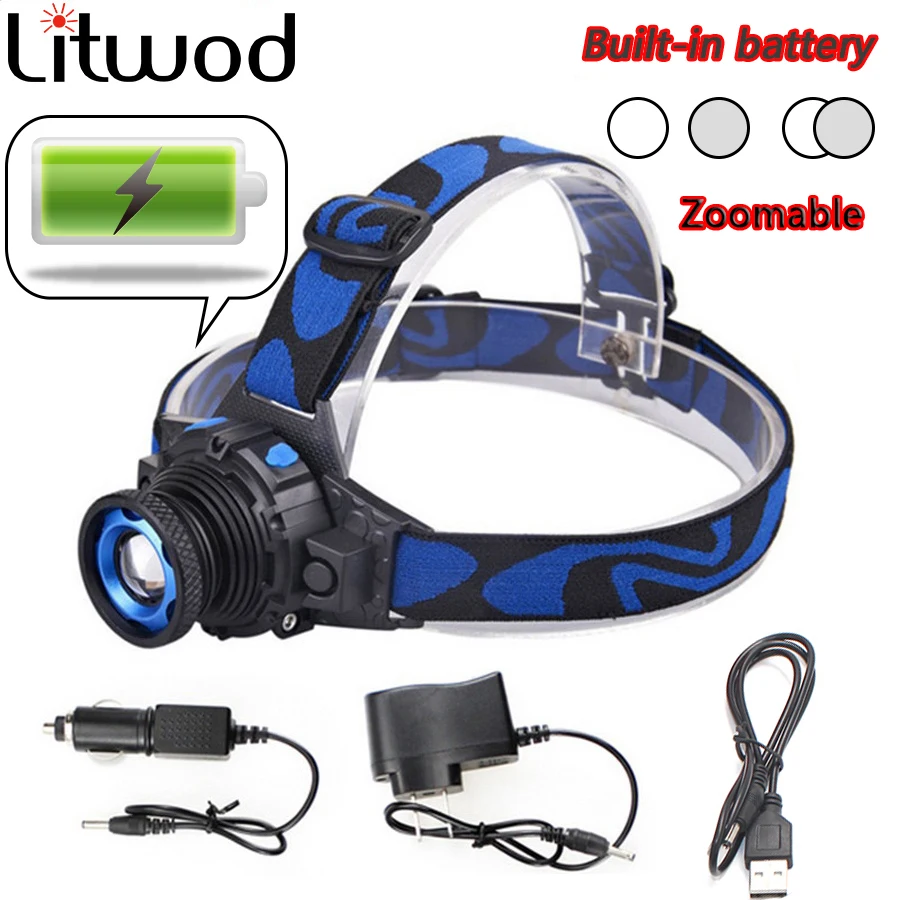 Litwod Z202308 Встроенный перезаряжаемый аккумулятор XML Q5 светодиодный яркий налобный