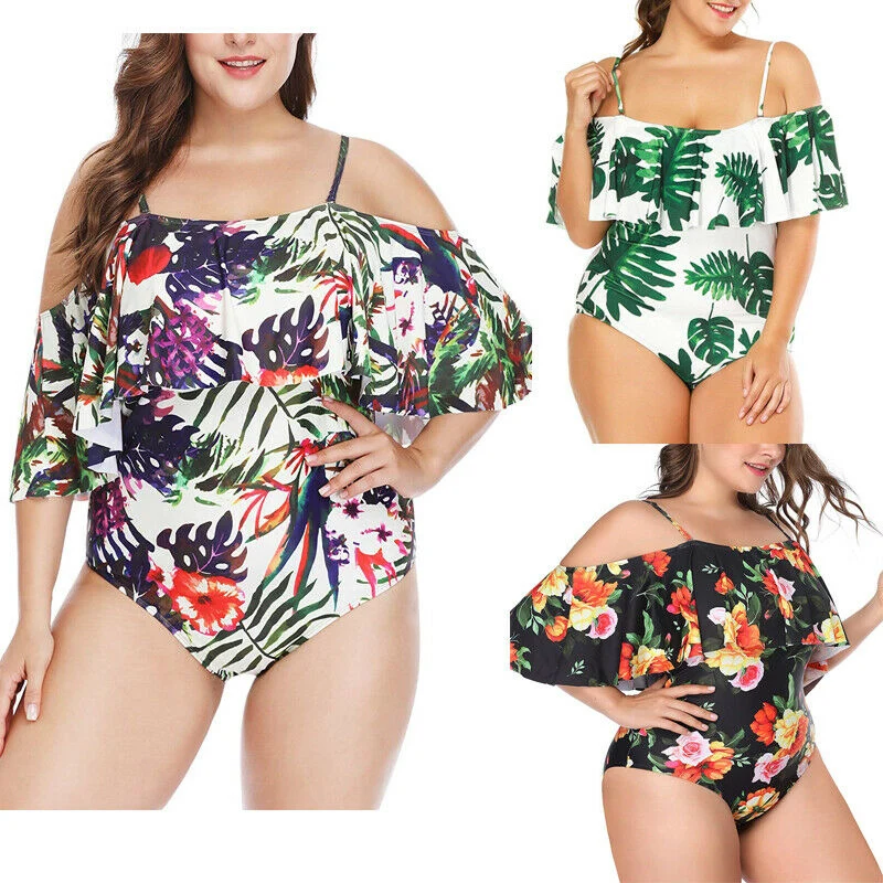 Plus Size Women One Piece Monokini Padded Bikini Floral Print Ruffle Swimwear Beach Off Shoulder Swimsuit Bathing | Спорт и