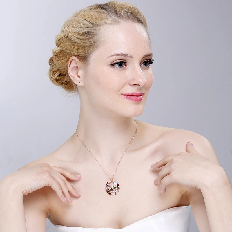 Beagloer Brand Trendy Round Shaped Pendant Necklace Rose Gold Color Multicolor Cubic Zirconia Inlay Female CNL0008-A | Украшения и