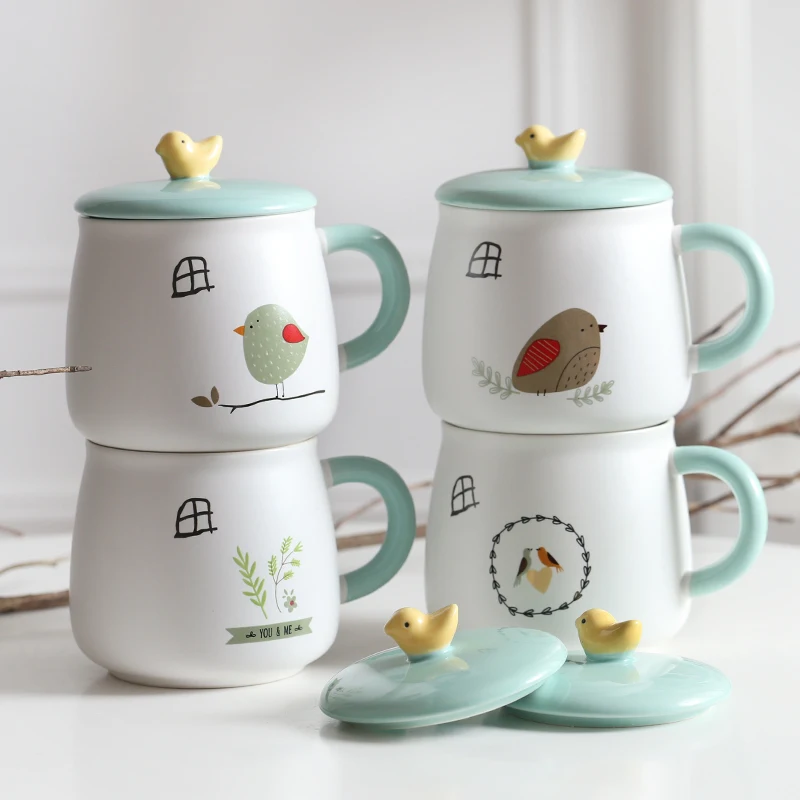 Оригинальная белая керамическая кружка для молока с 3d крышкой и принтом птицы