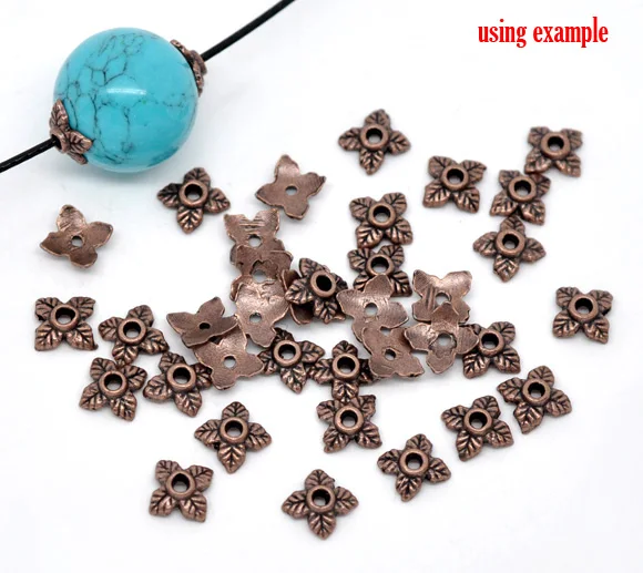 DoreenBeads Бусины Из Цинкового металлического сплава колпачки четырехлистный клевер античная медь(подходит для бусин 10 мм-14 мм) лист шаблон 8 мм x 8 мм, 70 шт