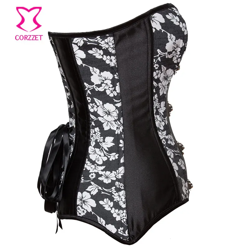 Sexy Black Satin White Floral Print Burlesque Women Long Denim Corset Jeans Gothic Clothes BodyShaper Waist Trainer Corsets | Женская
