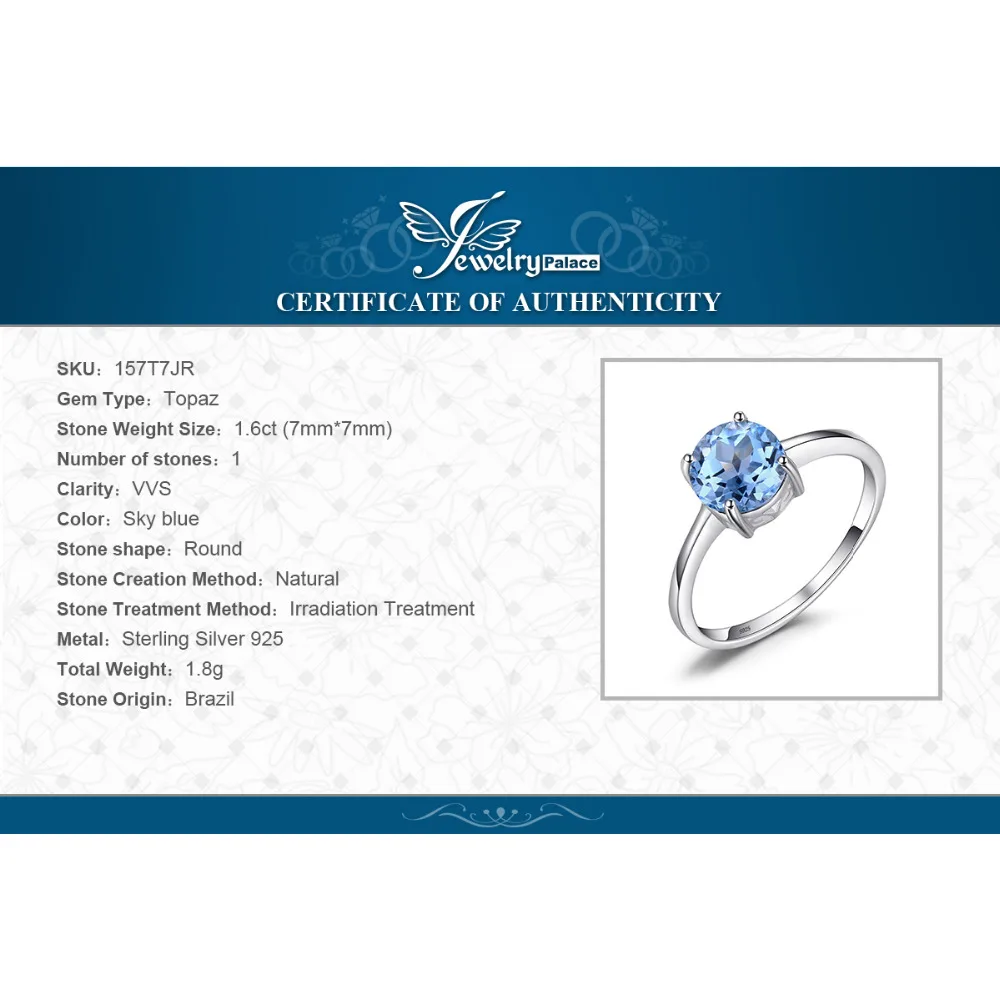 Jewelrypalace круглый 1.6ct Природный Голубой топаз камень пасьянс кольцо Твердые
