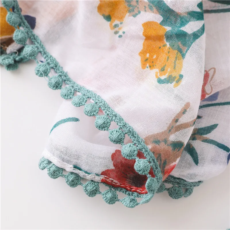 

Women Floral Hijab Scarf Fresh Cute Ball Tassel Design Long Shawl Soft Female Large Wrap [3513]