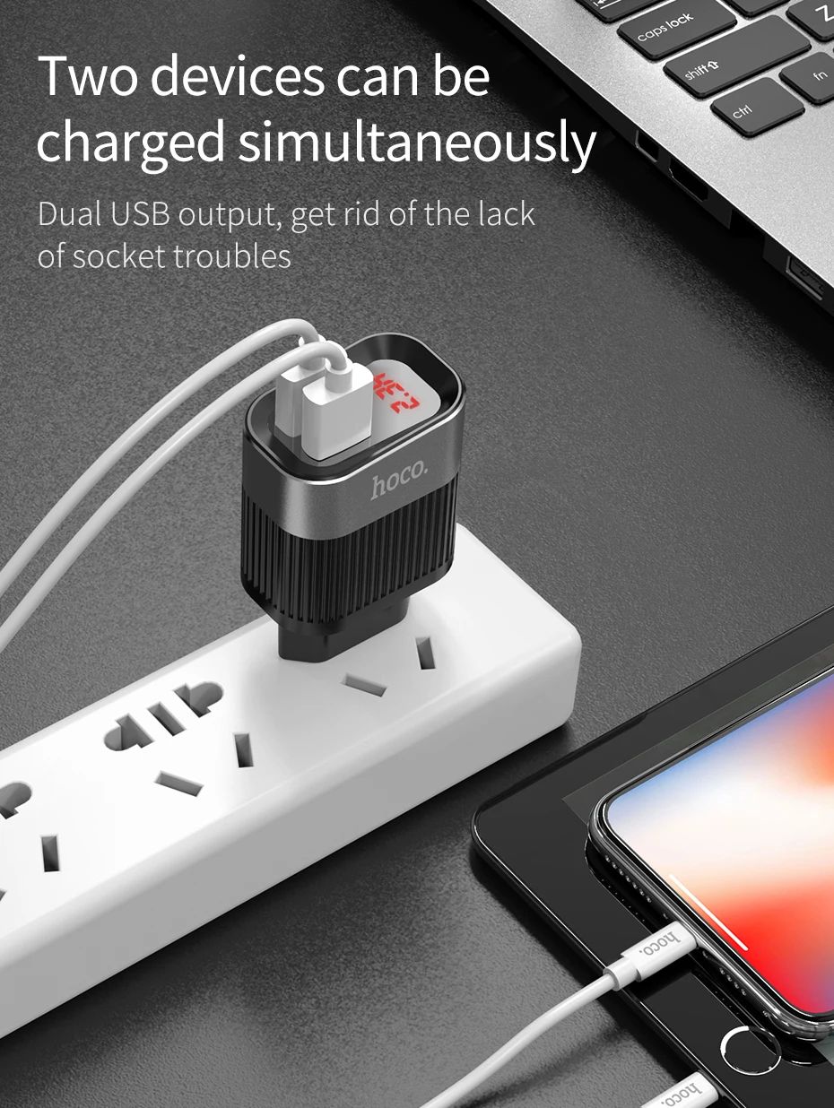 HOCO двойной USB зарядное устройство ЕС США Великобритания вилка адаптер путешествия настенное зарядное устройство с светодиодный дисплей для iPhone Xiaomi huawei samsung мобильный телефон