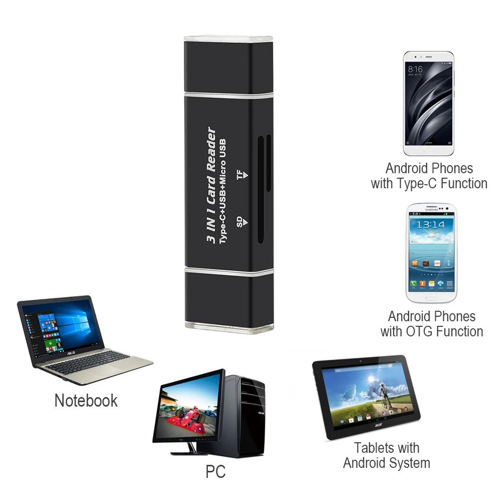 3 в 1 USB C OTG концентратор кард ридер Тип C/Micro USB/USB для Micro SD TF Macbook Android телефон ПК