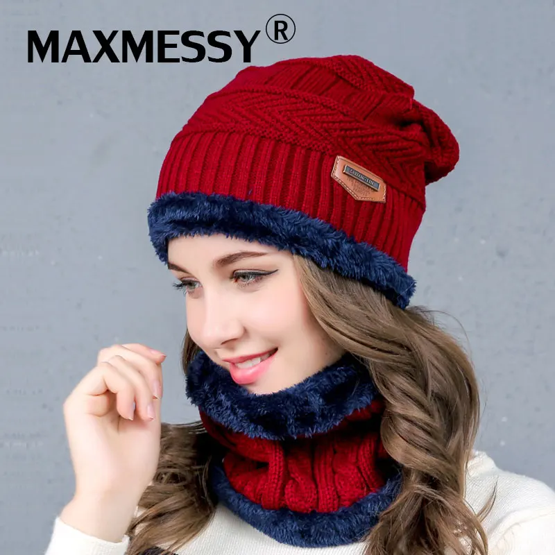 MAXMESSY Winter Fleece Hat Scarf For Women Thick Knitted Warm Sets Beanies Ring Outdoor Wear 2Pcs/Set MH141 |