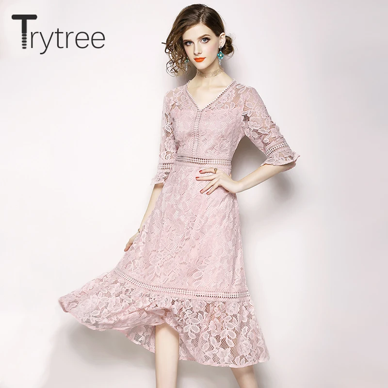Женское кружевное платье Trytree повседневное однотонное розовое трапециевидной