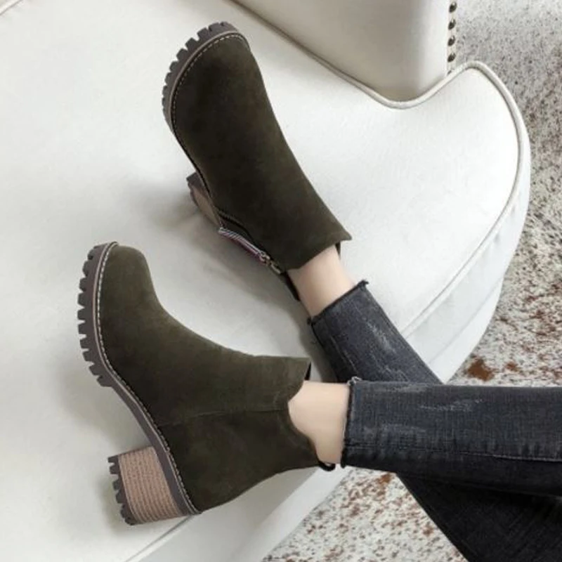 SJJH Женские ботинки Мартин с круглый носок коренастый Zip Faux Suede зима Короткие