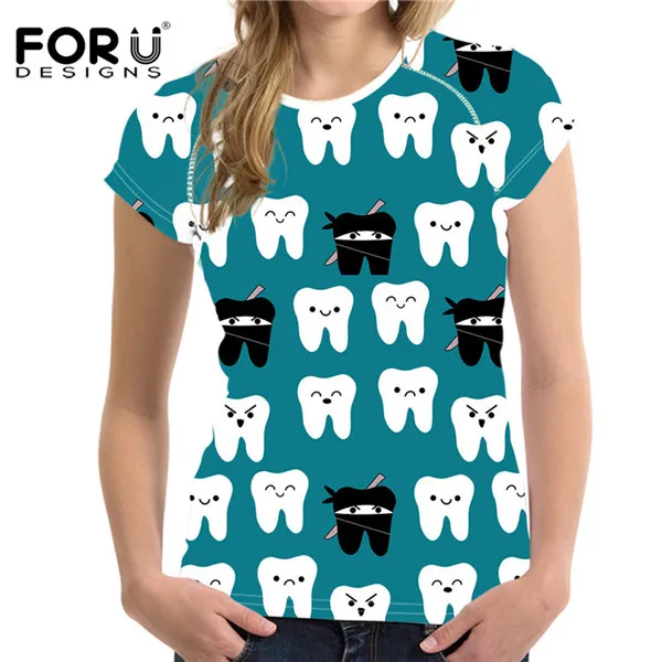 FORUDESIGNS/женская футболка, Брендовые женские летние топы, милые Мультяшные принты стоматолога, женская футболка, Повседневная футболка с коротким рукавом - Цвет: CJ0389BV