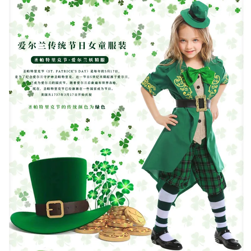 Green Girls Halloween Ireland Fairy Traditional Costumes Kids Children Irish Leprechaun Elf Cosplay Purim Carnival Party Dress |