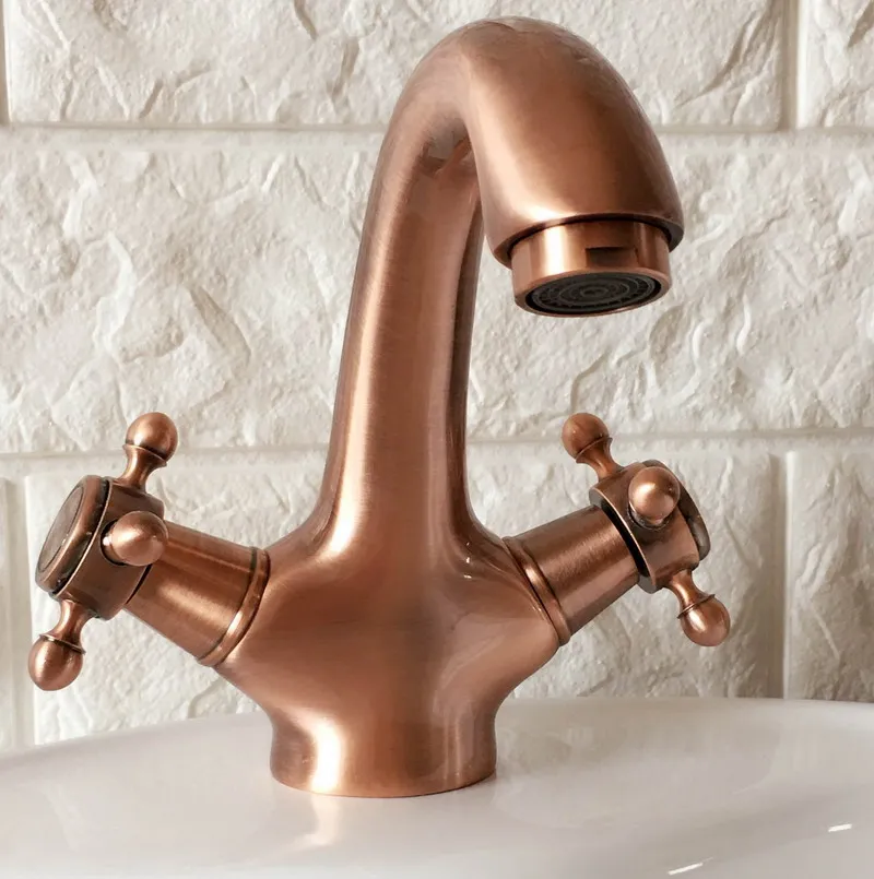 

Antique Red Copper Brass Dual Cross Handles Bathroom Single hole Deck Mounted Faucet Vessel Sink Basin Mixer Tap anf390