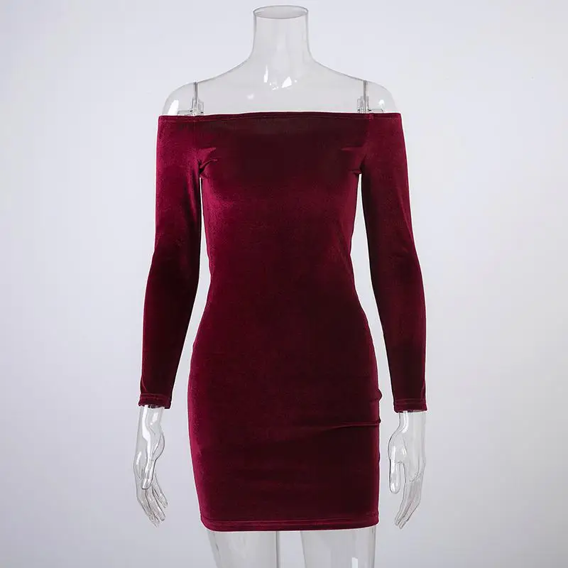 Wine Red Conmoto Сексуальное платье с открытыми плечами, бархатное платье винного цвета, зимнее платье для вечеринок, облегающее элегантное платье-карандаш с длинными рукавами - Цвет: Wine Red