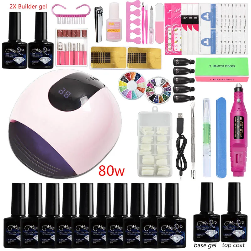 80w lamp 10 gel set Комплекты набор для маникюра 36 Вт/48 Вт/80 Вт Светодиодная УФ лампа для ногтей строительный гель для полировки набор для расширения 10 цветов гель-лаков принадлежности для профессионалов маникюрный набор для ногтей - Цвет: 80w lamp 10 gel set