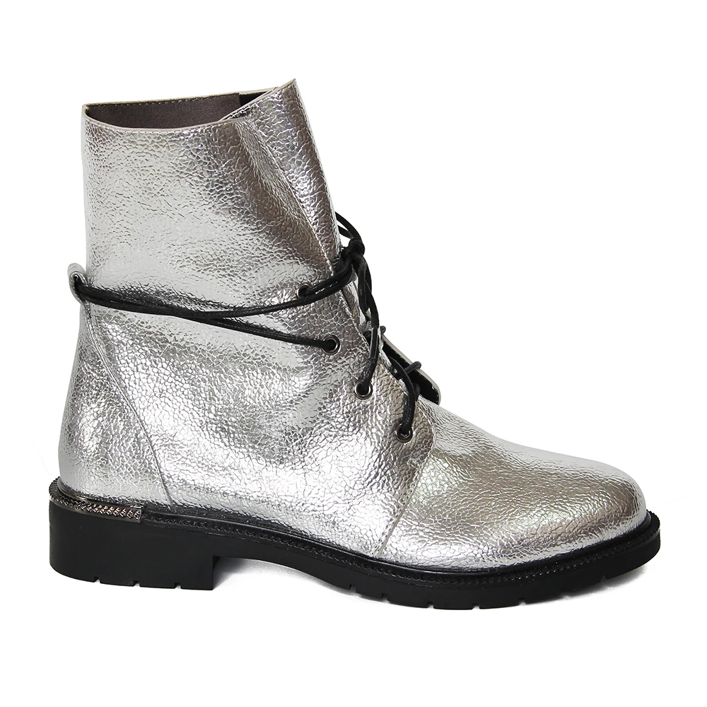 XAXBXC/ г., осенне-зимние полусапожки в стиле ретро из искусственной кожи серебристого цвета с перекрестной шнуровкой теплые женские ботинки повседневная женская обувь ручной работы