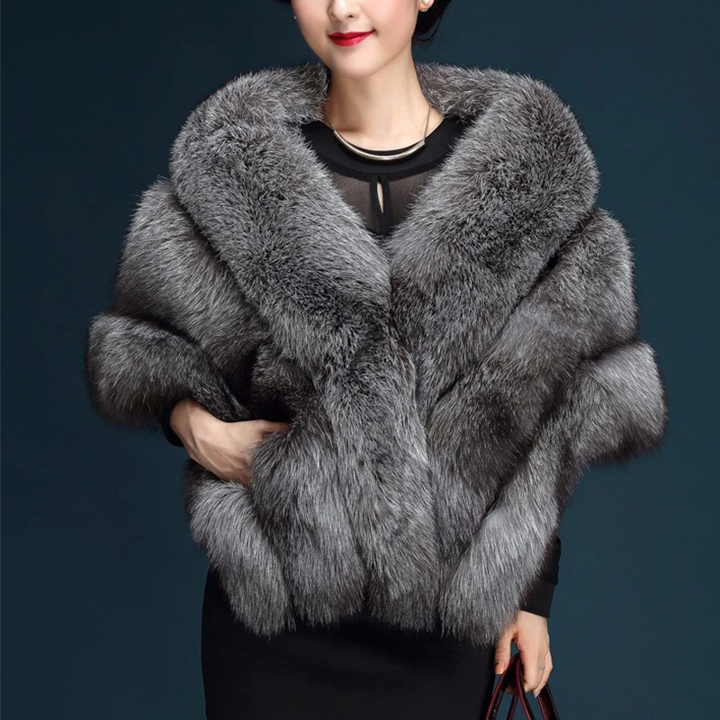 Женская длинная шаль из искусственного меха элегантная зимняя теплая лисьего