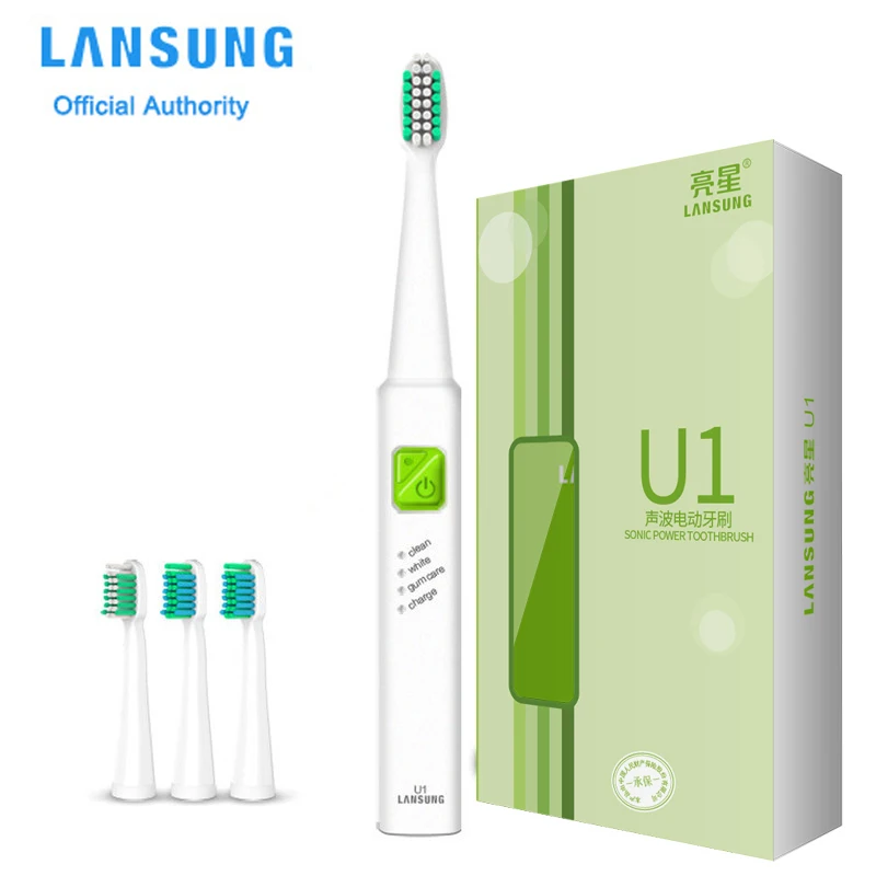 LANSUNG ультразвуковая звуковая электрическая зубная щетка USB Зарядка перезаряжаемые зубные щетки с 4 сменными головками таймер щетка - Цвет: Green