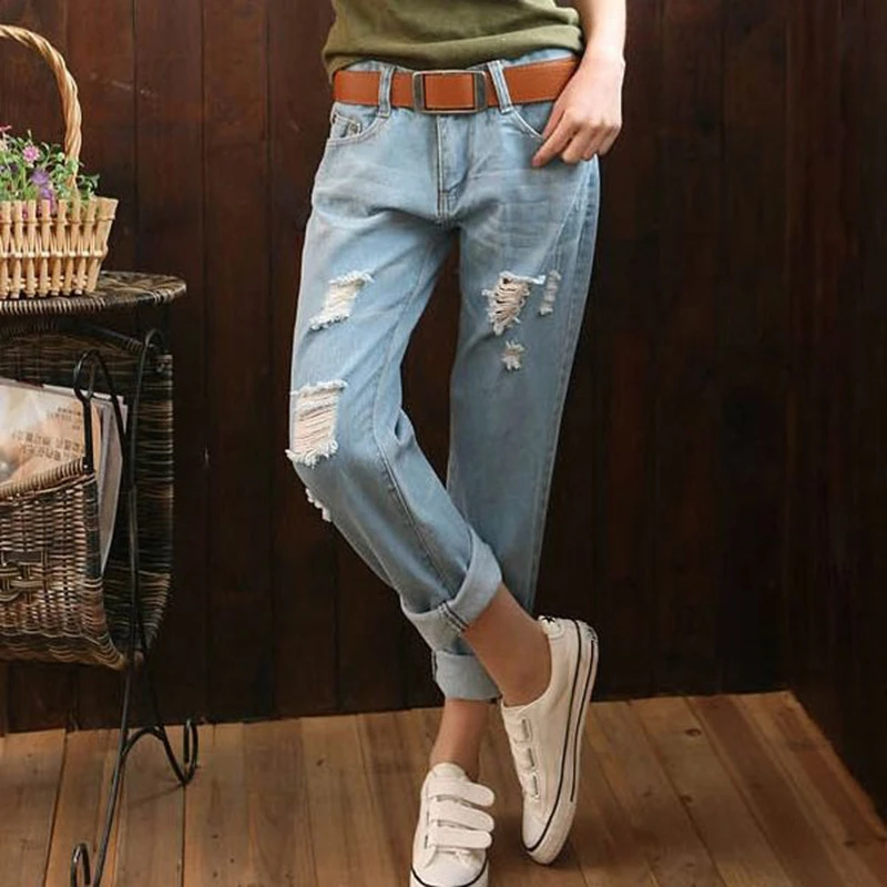 2017 на лето и весну Для женщин Джинсы для Ripped Проблемные до середины икры Длина