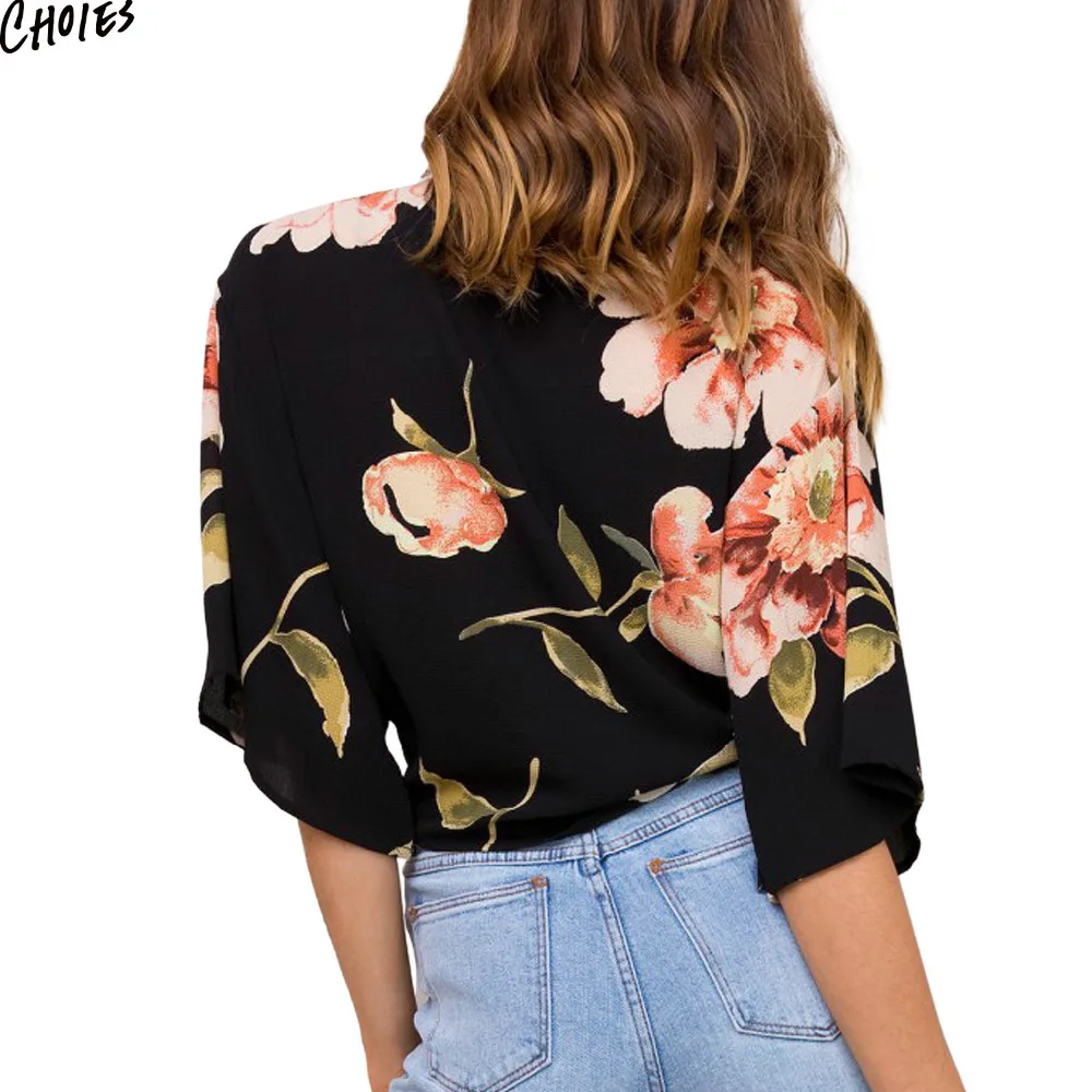 Женские блузки 2017 черная с глубоким вырезом цветочным принтом и бантом спереди