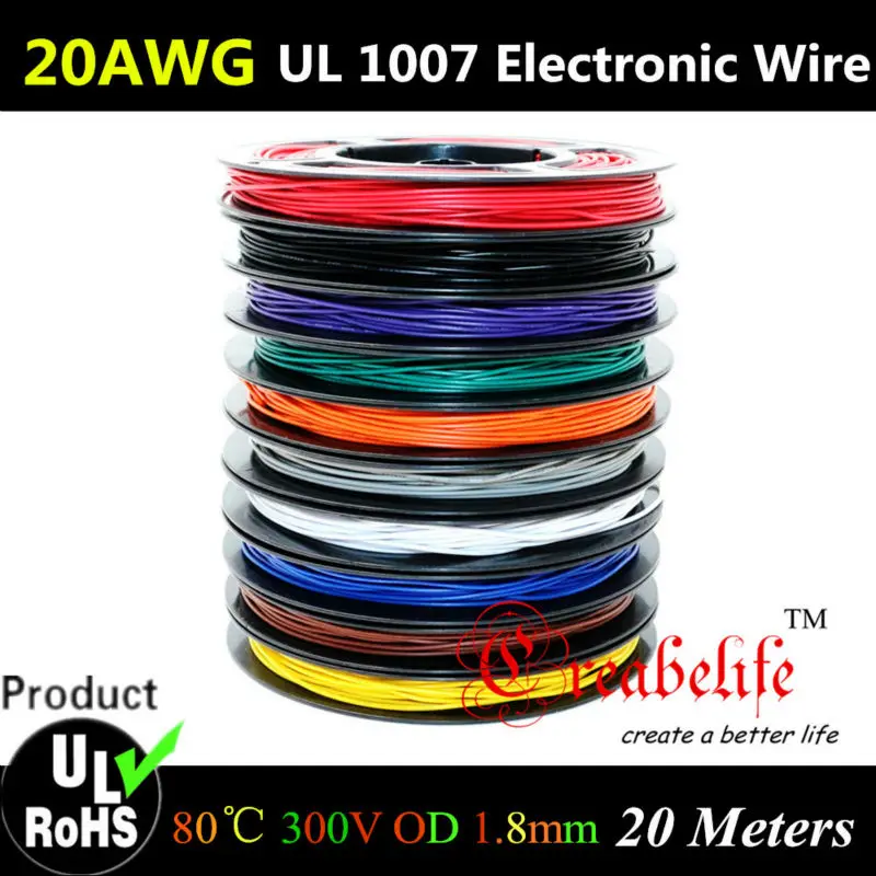 

20 Meters/roll 20 AWG - Flexible Stranded 10 Colors UL 1007 Diameter 1.8mm Electronic Wire Conductor To DIY