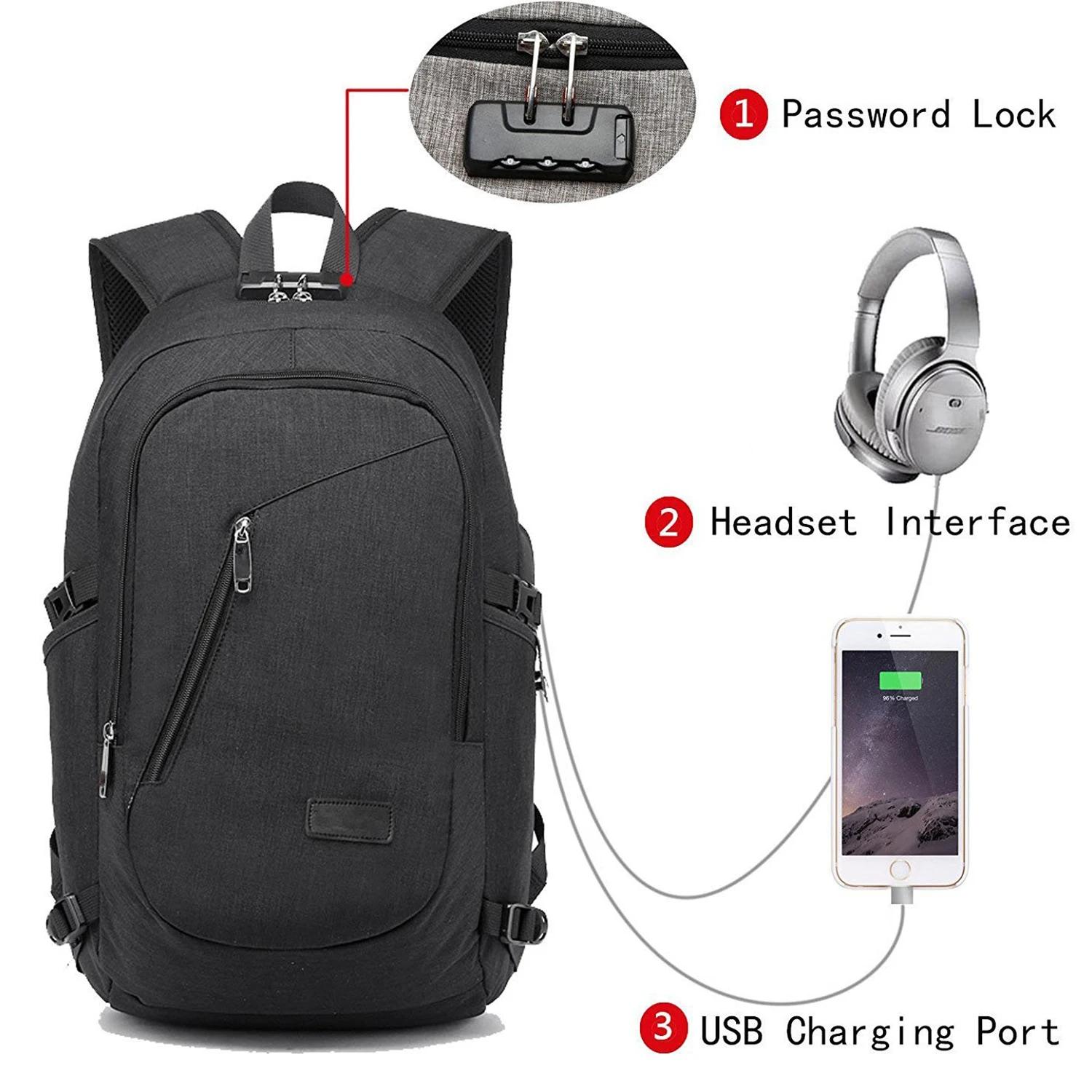 LJL Новые рюкзаки для зарядки через usb с разъемом для наушников, бизнес рюкзак для ноутбука, мужской рюкзак для путешествий, школьная сумка для колледжа
