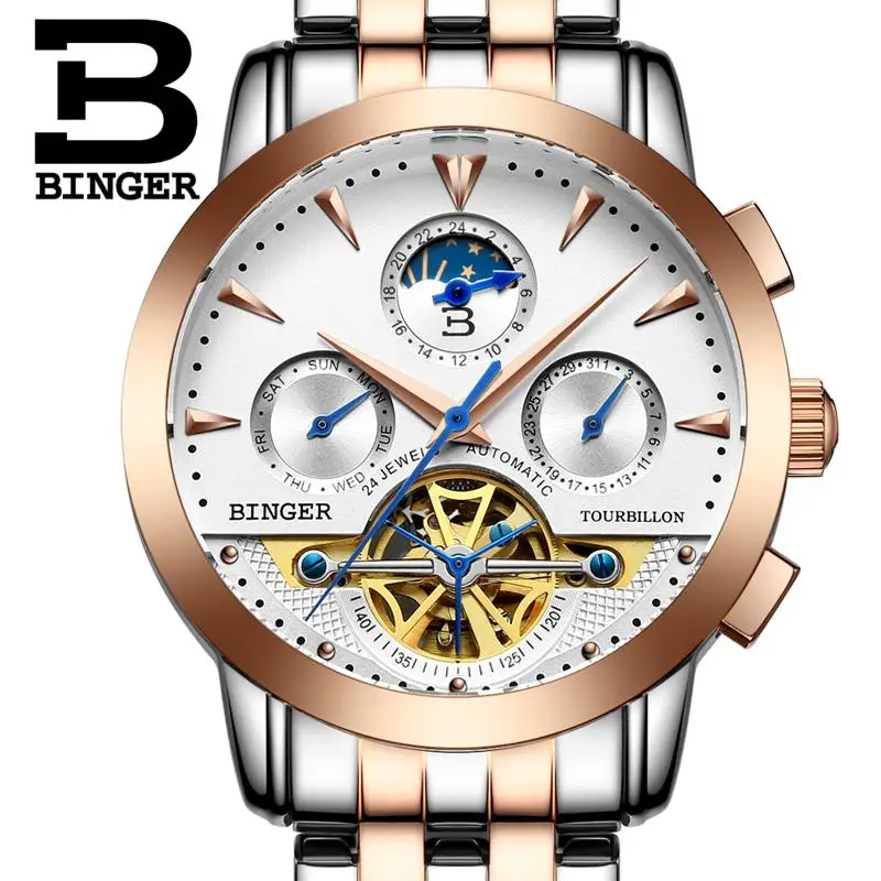 

Switzerland Luxury Brand Men's WatcheS BINGER Automatic Mechanical Watches Moon Phase Sapphire Tourbillion Waterproof B1188-5