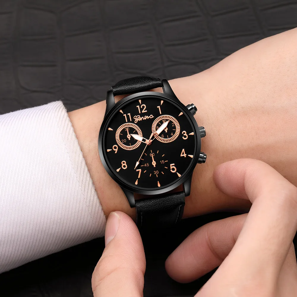

Geneva Minimalist Watch Men Retro Design PU Leather Band Watches Three Eyes Analog Alloy Quartz Wrist Watch Relogio Masculino