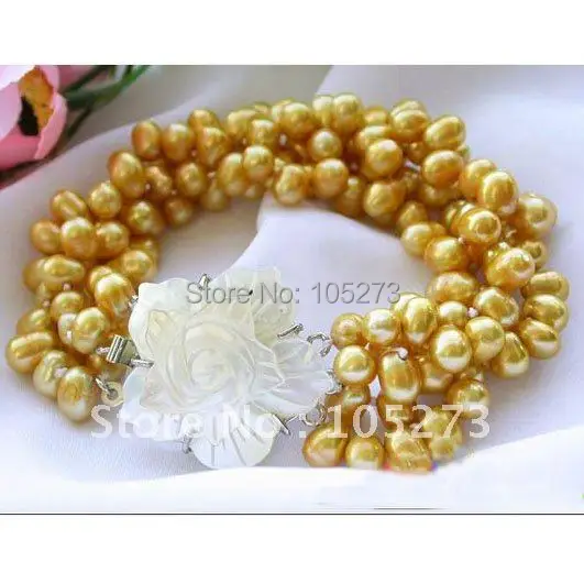 

Charming! 4Row AA 5-7MM Yellow Rice Freshwater Cultured Pearl Bracelet Shell Flower Clasp Fashion Jewellery Free Shipping FN2054