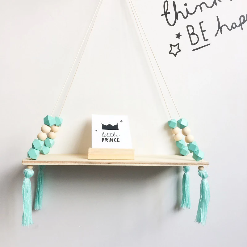 Nordic Style Beads Colorful Wood Shelves With Tassel Wall Clapboard Decoration Children Room Kids Clothing Store Display Stand | Дом и сад