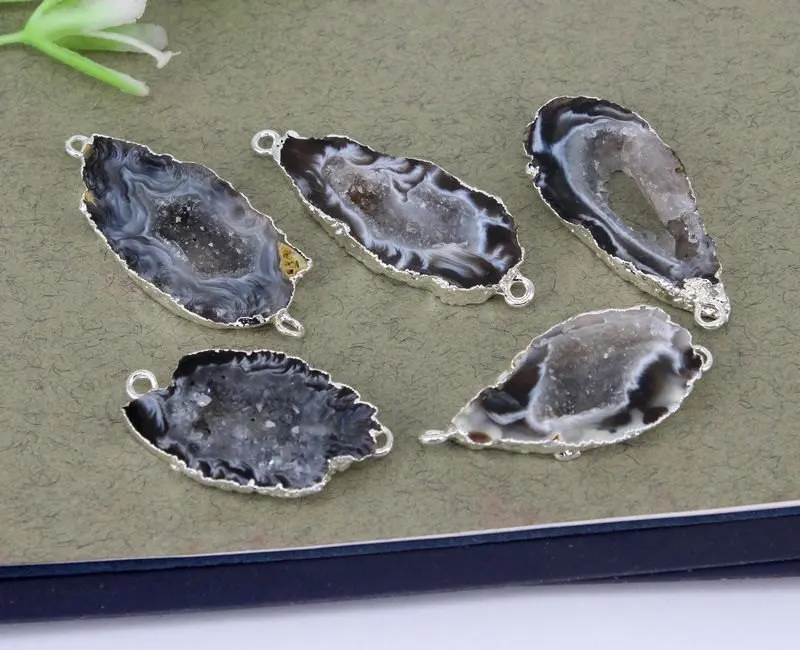 Silver Plated 5 шт. натуральный мексиканский оникс каменный разъем бусины, Шарм драгоценный камень геодный разъем для изготовления ювелирных изделий - Цвет: Silver Plated